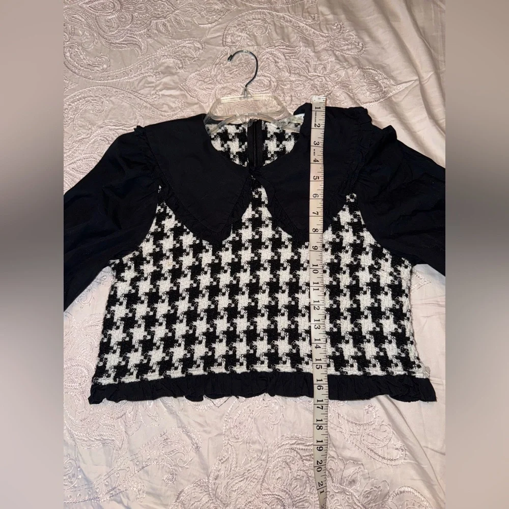 Zara Houndstooth Tweed Peter Pan Collar Cropped Top Size S